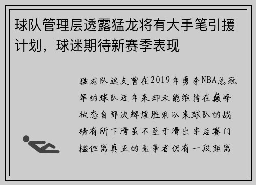 球队管理层透露猛龙将有大手笔引援计划，球迷期待新赛季表现
